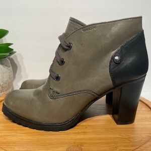 Geox Olive Green Leather Lace Up Ankle Women 9 Boot Boho Chic Block Heel Bootie